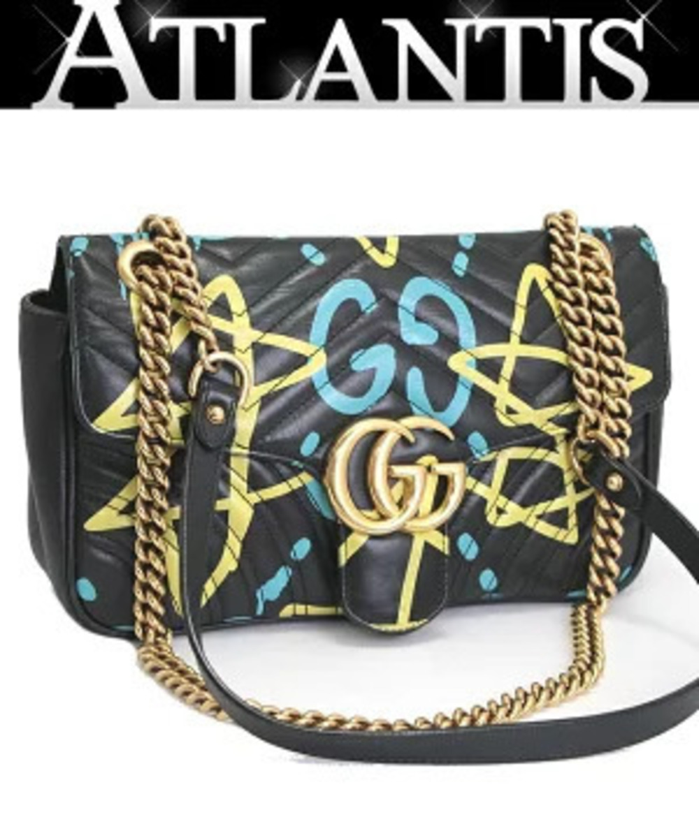 Gucci GG Marmont Chain Shoulder Bag Leather Black x Yellow Blue